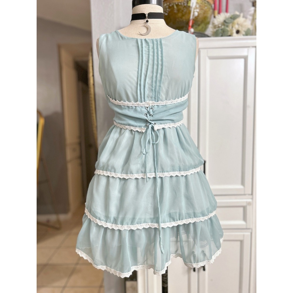Prairie Style Vintage Light teal Lace Trim Mini Dress Cottagecore xsmall
